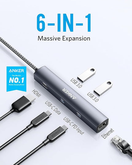 Anker 6-in-1 USB C Hub with Ethernet, USB C to 4K HDMI Multiport Adapter, 1Gbps Ethernet, 65W Power Delivery, USB Ports for MacBook Air, iPad Pro, XPS, and More