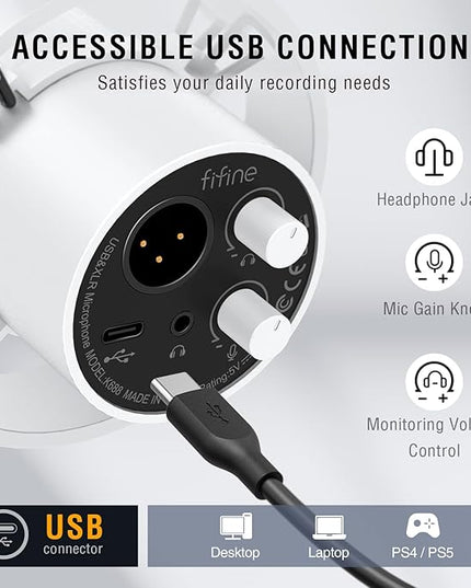 FIFINE Studio XLR Dynamic Microphone, USB PC Podcast Microphone for Streaming Recording, XLR/USB Vocal Mic with Tap-to-Mute, Gain Knob, Headphones Monitoring-Amplitank K688 White