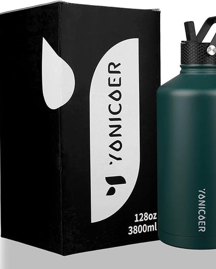 Insulated Water Bottle 128oz,Triple Wall Vacuum Stainless Steel(Dishwasher Safe),Leak Proof & Non-BPA,Flask Jug with Paracord Handle & Straw Spout Lids Sports Green