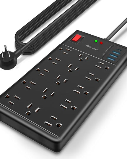 Surge Protector Power Strip 15 ft cord-15 Widely Spaced Outlets and 4 USB Ports(1 USB C Port),14 AWG Extension Cord,1875W/15A Heavy Duty Power Strip Surge Protector 15 ft Cord,2800J,Black