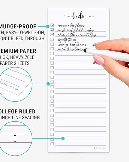 321Done 2-Pack Skinny To Do List Notepad, Made in USA - 3.7x8.5, College Ruled, Simple Stylish To-Dos Memo Pad for Planning, Tasks, Appointments, Reminders, Home, Office - 50 Sheets per Pad
