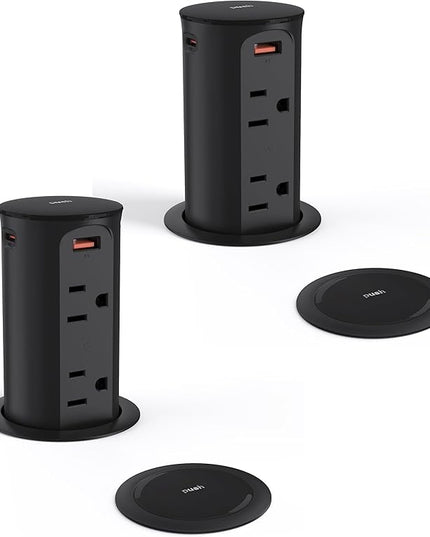 Jgstkcity 2.5 inch Hole Pop up Outlet for Countertop,20W USB C,4 USB Ports,4 Outlets 15Amp Receptacle Flush Mount,Space Saver Recessed Outlet,1875W,ETL Listed,2 PCS (Black, 20W USB)
