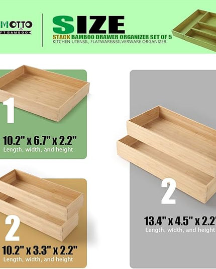 Stack Bamboo Drawer Organizer Set of 5, Kitchen Utensil, Flatware&Silverware Organizer-Wood Laminated Stackable for Kitchen, Bedroom, 13.4''x4.5''*2+10.2''x3.3''*2+10.2''x6.7''*1