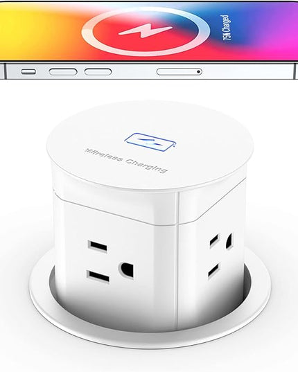 Jgstkcity Pop Up Outlet with 15W Wireless Charger,4 Outlets 15A, Splash Resistant,3 inch Desk Hole Power Grommet,Space Saver Outlet for Kitchen Countertop,Office Conference Table,ETL Listed