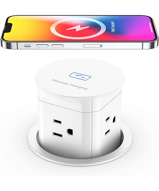 Jgstkcity Pop Up Outlet with 15W Wireless Charger,4 Outlets 15A, Splash Resistant,3 inch Desk Hole Power Grommet,Space Saver Outlet for Kitchen Countertop,Office Conference Table,ETL Listed