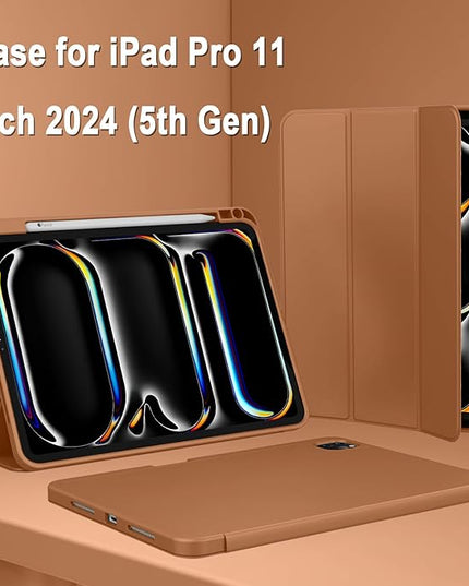 ZryXal iPad Pro 11 Inch Case (M5) 2025/ (M4) 2024 (Model: A2836/A2837/A3006), Trifold Stand Smart Cover with Pencil Holder and Soft TPU Back, Auto Wake/Sleep (New Brown)