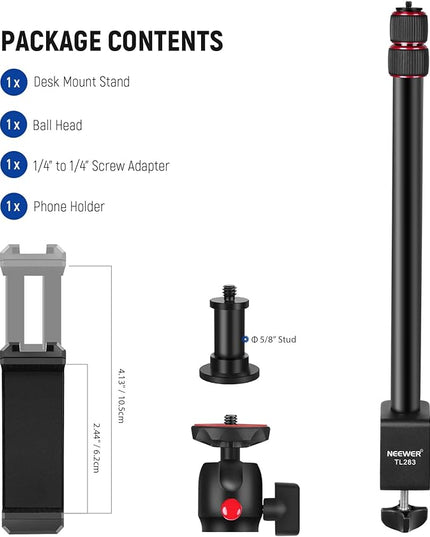 NEEWER Camera Desk Mount, Overhead Desktop Light Stand Microphone Boom Arm with Ball Head C Clamp Cleaning Cloth for DSLR Webcam Phone Holder Ring Light Mic Streaming Video Recording, Red TL283