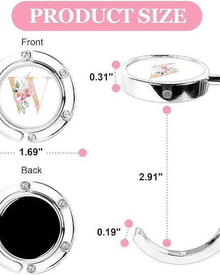 XSUIOY 3Pcs Personalized Initial Foldable Purse Hook for Table,Crushed Flower Letters Folding Purse Hanger,Purse Holder Handbag Hanger Collection Desk Table Bag Hooks Gifts for Women Bag(Pink-W)