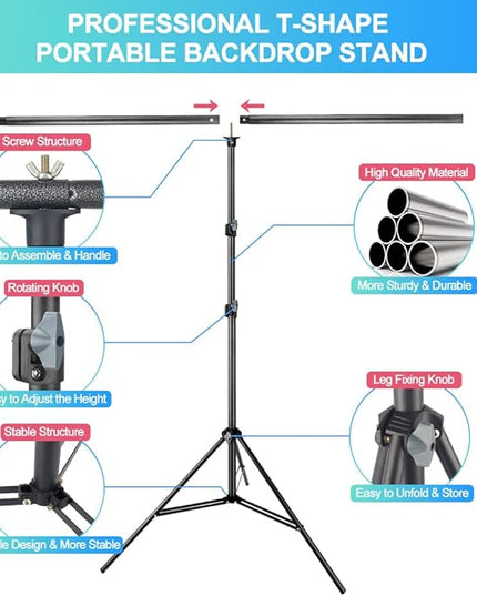 Black White Backdrop Screen with Stand Kit for Photo Video Studio Filming 5X6.5ft, Black Backdrop White Photo Curtain Background with T Shape Stand and 5 Spring Clamp for Photography Party Decorations