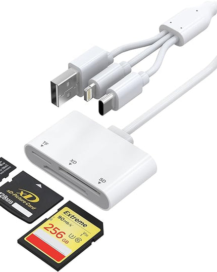 XD Card Reader, 3-in-1 SD/TF/XD Card Adapter - Lightning + USB A + USB C SD Card Reader Plug & Play, OTG Memory Card Reader for iPhone 17/16/15/14/iPad/PC/Android