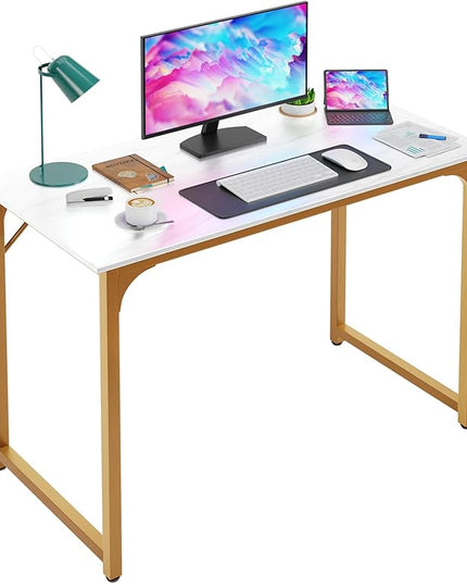 PayLessHere | 39 Inch Computer Desk | White Gold | Office Desk with Metal Frame, Adjustable Feet | Water-Resistant, Scratchproof Surface | Sturdy Writing Table for Home Office or Study | Pack of 1