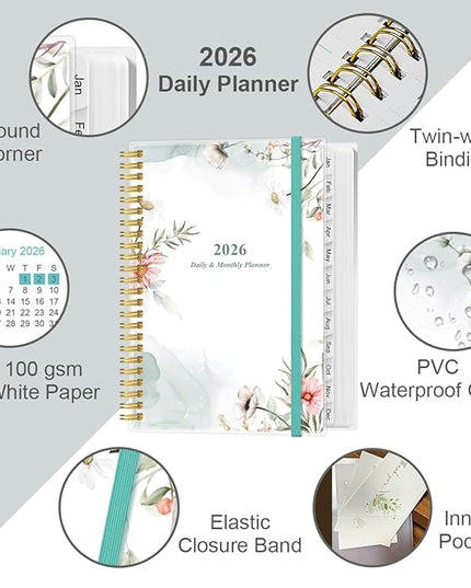 Daily Planner 2026 Full Page Per Day- 2026 Daily & Monthly Planner from January 2026 to December 2026, Day Planner 2026 with 12 Months Tabs, 6.4" x 8,5", Pink Flowers