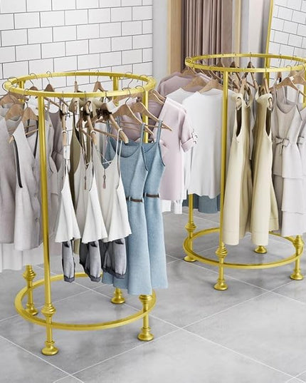 Freestanding Round Garment Display Retail Rack, Floor-Standing Double Space Multi-Purpose Metal Shelf for Clothes Storage, Commercial Clothing Organizer in Retail Boutiques and Bedroom