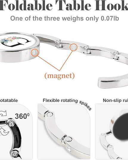 Iqimott 3pcs Personalized Initial Foldable Purse Hook for Table, Flower Letter Folding Handbag Hanger Portable Magnet Table Hook Holder, Collection Desk Purse Hooks for Women Bag (Black-G)