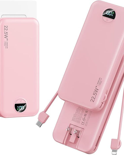 12000mAh Ultra-Portable-Charger-Power-Bank with Built in Cables&AC Wall Plug,PD20W USB-C Fast Charging Cell Phone Charger Battery Pack,LED Display Travel Battery Bank for All iPhone,Samsung,Android