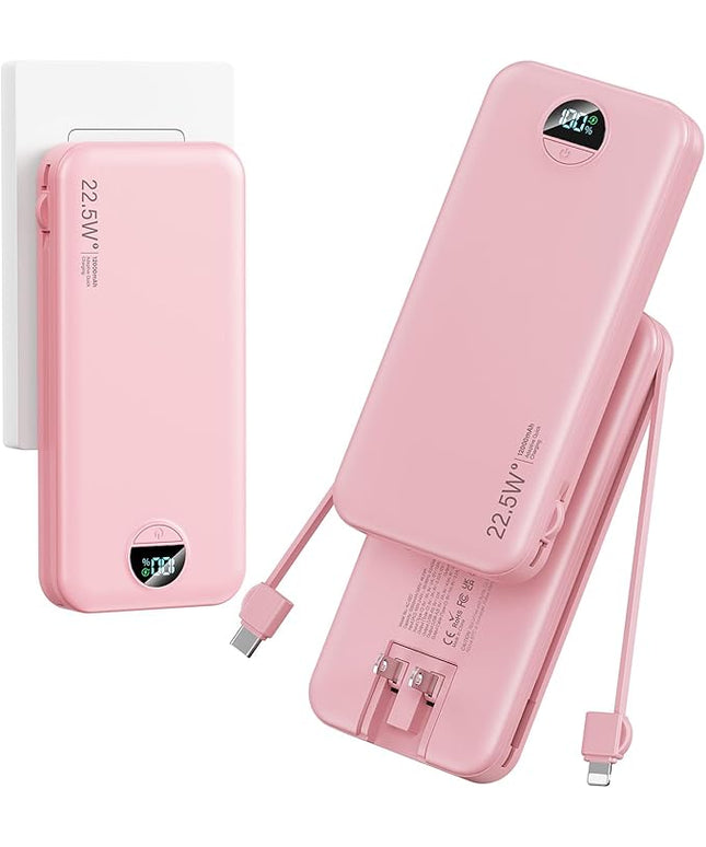 12000mAh Ultra-Portable-Charger-Power-Bank with Built in Cables&AC Wall Plug,PD20W USB-C Fast Charging Cell Phone Charger Battery Pack,LED Display Travel Battery Bank for All iPhone,Samsung,Android