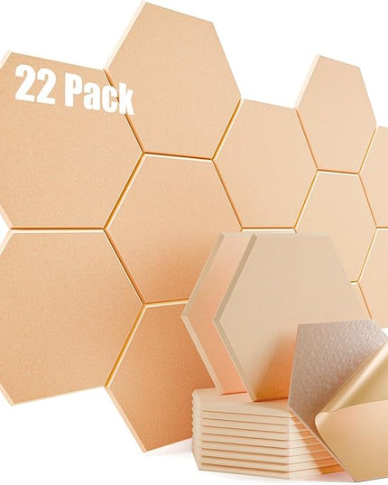 22 Pack Self-Adhesive Acoustic Panels 12" X 10" X 0.4" - Sound Proof Foam Panels with High Density, Hexagonal Design, Flame Resistant, Absorb Noise and Eliminate Echoes(Light Apricot)