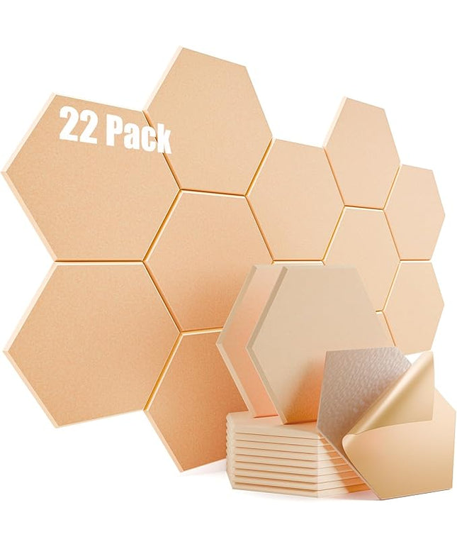 22 Pack Self-Adhesive Acoustic Panels 12" X 10" X 0.4" - Sound Proof Foam Panels with High Density, Hexagonal Design, Flame Resistant, Absorb Noise and Eliminate Echoes(Light Apricot)