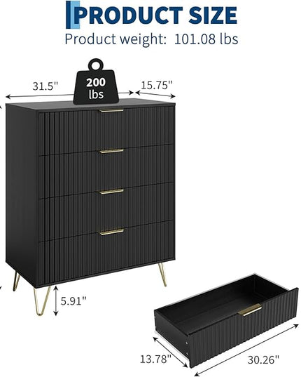 Garvee Fluted Dresser for Bedroom with 4 Drawers,32" Wide Modern Chest of Wooden Bedroom Chest with Metal Handle,Wide Clothes Storage Organizer,Closet Dresser & TV Stand for Living Room,Hallway,Black
