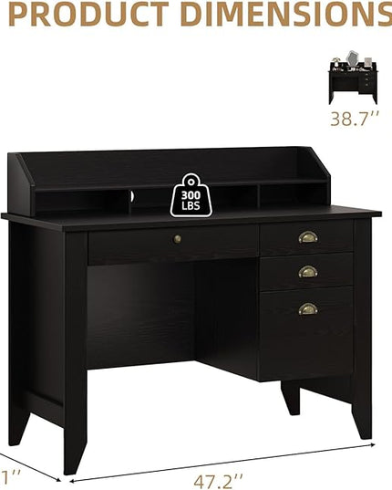 4 EVER WINNER Black Desk with Drawers, Small Desk with File Drawer and Monitor Stand, Computer Desk with Storage, Writing Desk for Bedroom Home Office, Black