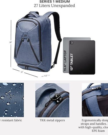 Knack Series 1 Laptop Backpack Fits up to 15 Inch - Knack Bags Carry-On Backpack, TSA Approved, Expandable Travel Backpacks With 3 Day Outfit Capacity (Indigo Blue, Medium)
