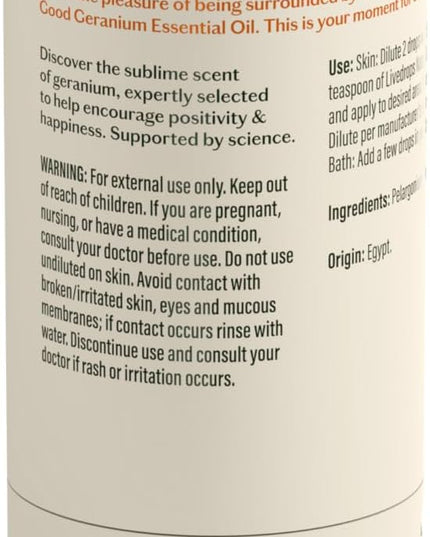 LIVEDROPS 24/7 Good Geranium Essential Oil, Natural Vegan Aromatherapy for Diffuser or Diluted Skin Use, Rosy Floral Scent, Origin Egypt, Made in USA, Clinically Tested, 10ml