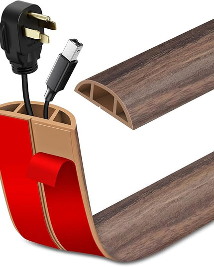 Floor Cord Cover Self Adhesive Cord Hider Floor Extension Cord Covers for Floor Power Cord Protector Cable Management Prevent Cable Trips Cable Cavity 0.59" W x 0.31" H (Smoked Brown Wood, 20Ft)