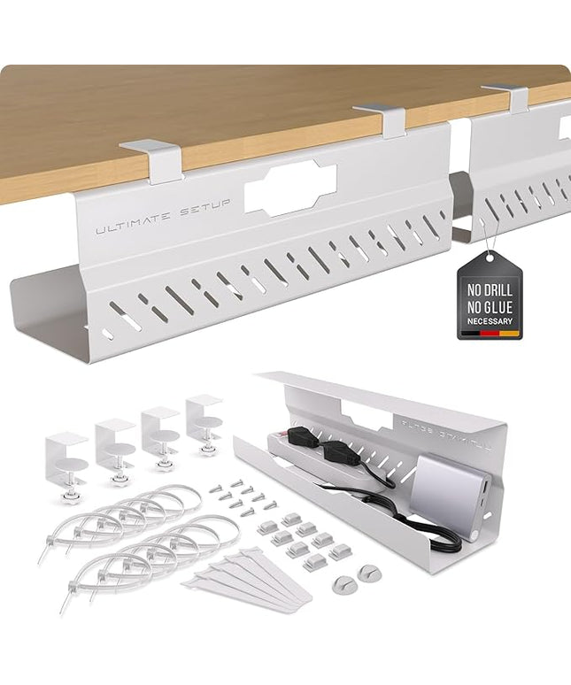 Under Desk Cable Management Tray no Drill – Wire Management - Cord Organizer – Huge Load Capacity – Under Desk Cable Tray no Drill (White, 2 Pieces Set)