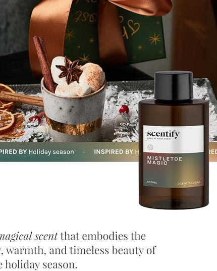 Scentify Holiday Mistletoe Magic Aroma Oil Christmas Refill Scent for Oil Diffusers - Pine, Oak, Moss, Clove, Cedar - Luxurious Relaxing Aromatherapy Fragrance 100ml, 3.38oz