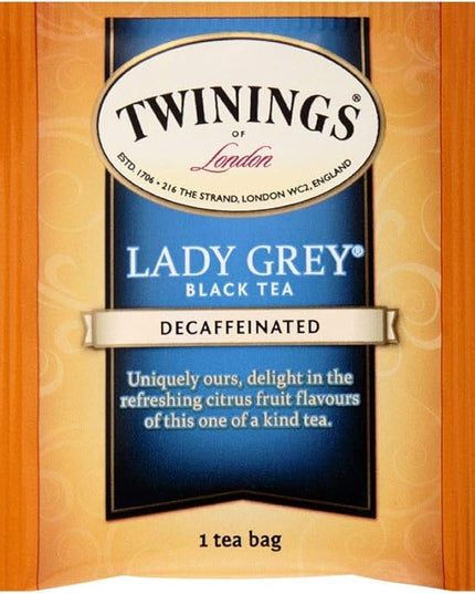 Twinings Decaffeinated Lady Grey Black Tea Individually Wrapped Bags, 20 Count (Pack of 1), Orange Peel & Lemon Peel, Enjoy Hot or Iced, 20 Teabags