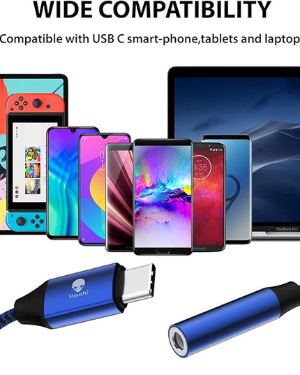 Stouchi USB C to 3.5mm Dongle Adapter, Type C Headphone Audio Jack Cable Cord Hi-Fi DAC Chip for iPhone 17/16 /15, Pixel 9/8 /7/6, iPad, Samsung Galaxy S25 S24 S23 Ultra (1, Blue, 0.38ft*1)