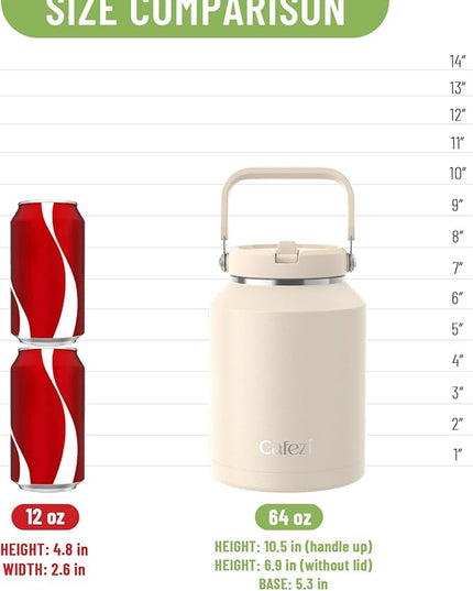 64 oz Insulated Water Bottle with Flip Straw, Vacuum Insulated Stainless Steel Jug with Top Handle, Leak-Proof Lid, Sweat-Free, Wide Mouth, Keeps Ice Cold up to 34 Hours