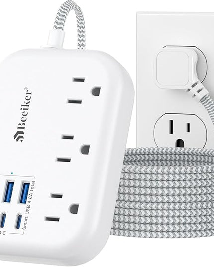 6 USB(3 USB C) Surge Protector Power Strip- Extension Cord 10 Ft with 24W USB Charging Station and 3 Outlets, Flat Plug Long Braided Extension Cord with Multiple Outlets for Home Office College Dorm