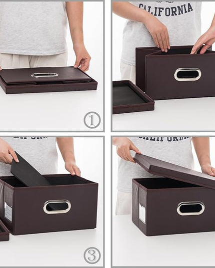 PRANDOM Collapsible Storage Box with Lid [1-Pack] Leather Fabric Foldable Storage Bin Organizer Container Basket Cube with Cover for Home Bedroom Closet Office Nursery Brown (13.6x9.6x6.9)