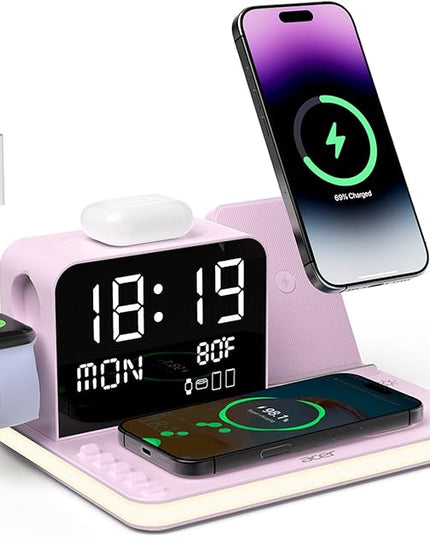 Acer 7-in-1 Wireless Charging Station with LED Clock - 30W Fast Wireless Charger for iPhone 16/15/14/13/12/Pro Max, Apple Watch, AirPods - Bluetooth Auto Time Sync & Night Lights (Purple)