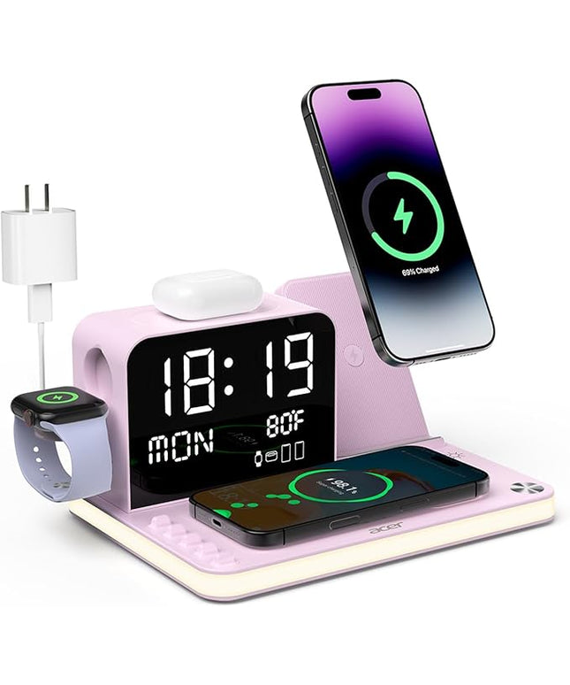Acer 7-in-1 Wireless Charging Station with LED Clock - 30W Fast Wireless Charger for iPhone 16/15/14/13/12/Pro Max, Apple Watch, AirPods - Bluetooth Auto Time Sync & Night Lights (Purple)