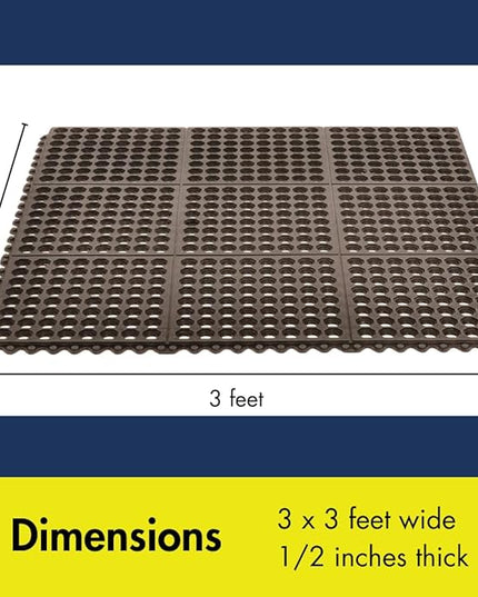 NoTrax 3' x 3' Light-Duty Rubber Drainage Mat, Customizable Modular Interlocking Design with Ergonomic Support, Lightweight, Anti-Fatigue, Non-Slip Surface, Black, 501S0033BL