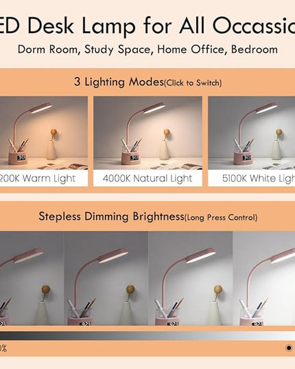 WILIT LED Desk Lamp for College Dorm Room Essentials, Students Study Lamp with Charging Station, Pen Holder, Clock & RGB Night Light, Office Desk Accessories, Table Lamp for Bedroom - Pink