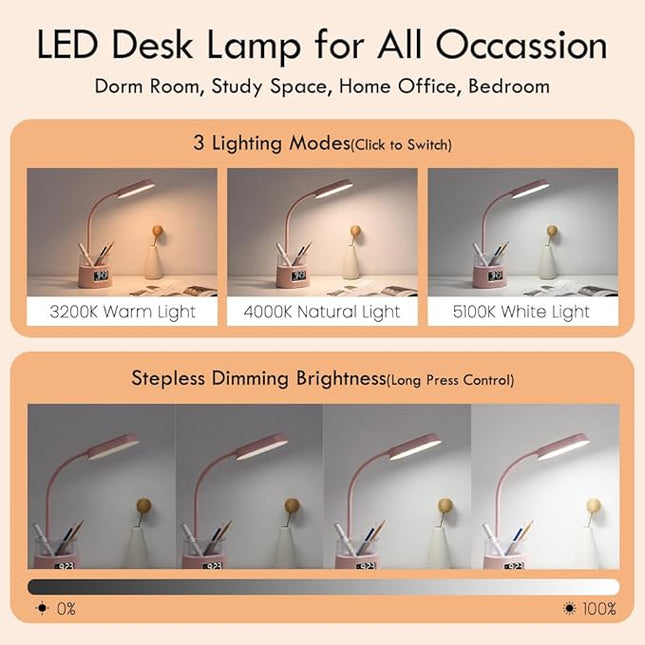 WILIT LED Desk Lamp for College Dorm Room Essentials, Students Study Lamp with Charging Station, Pen Holder, Clock & RGB Night Light, Office Desk Accessories, Table Lamp for Bedroom - Pink