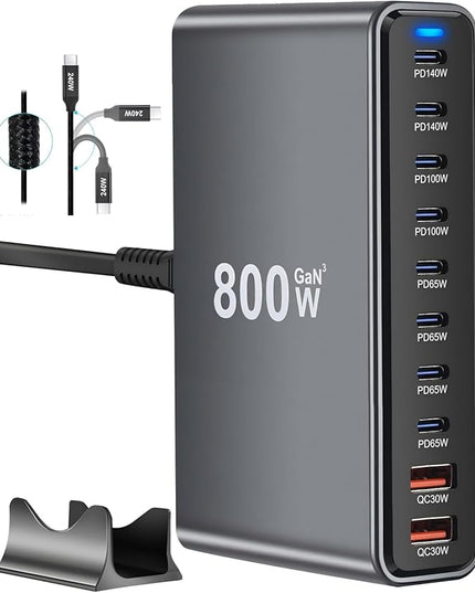 800W USB C Fast Charger Block, 10 Port USB Charging Station, GaN Ⅲ Pro Dual 140W PD PPS Port for Multiple Devices,Laptop Wall Charger Compatible with DELL, HP, MacBook Pro,iPhone 16,Galaxy S24