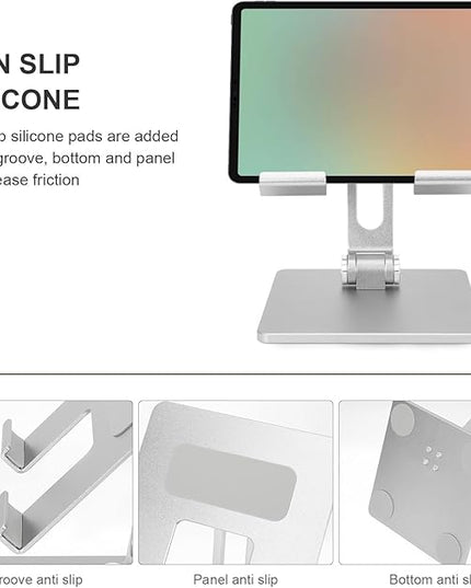 MUELODSIC Folding Aluminum Alloy Tablet Stand and Adjustable Laptop Holder for Desk Use, Portable Foldable Tablet Bracket Compatible with Ipad, Silver Gray Design for Home and Office