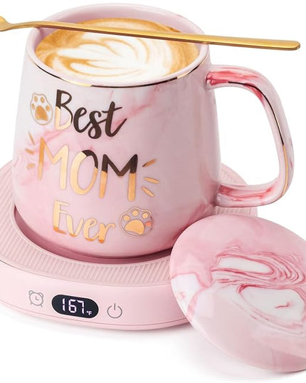 Coffee Mug Warmer & Best MOM Ever Mug Set, Electric Cup Warmer for Desk, Beverage Warmer with 4 Temperature Setting, 8H Auto Shut Off, Mom Gifts from Daughter Son