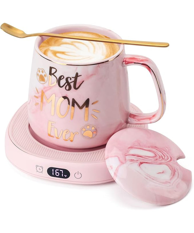 Coffee Mug Warmer & Best MOM Ever Mug Set, Electric Cup Warmer for Desk, Beverage Warmer with 4 Temperature Setting, 8H Auto Shut Off, Mom Gifts from Daughter Son