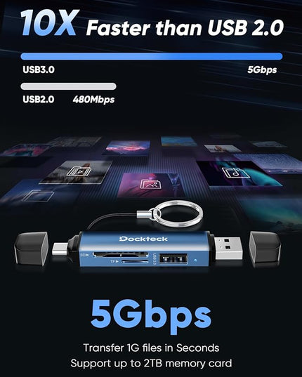 Dockteck SD Card Reader Adapter, 5G Super Speed USB3.0 SD/TF Card Reader, 3-Slot USB A/C to SD/Micro SD/USB A Memory Card Reader for UHS-I SD/Micro SD/SDHC/SDXC/MMC, with OTG for Plug&Play