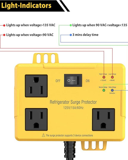 3 Outlets Refrigerator Surge Protector for Home Appliances with Time Delay, 2FT Wall Mount Protector de Voltaje Protects Against Brownout, Spike, Instant Surge All Voltage Abnormalities. ETL Listed.