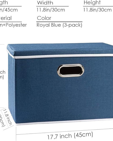 PRANDOM Large Collapsible Storage Bins with Lids [3-Pack] Fabric Foldable Storage Boxes Organizer Containers Baskets Cube with Cover for Home Bedroom Closet Office Royal Blue(17.7x11.8x11.8)