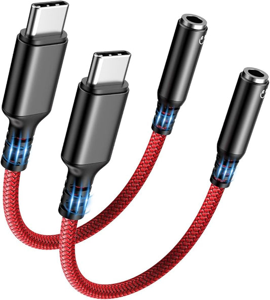 Highwings USB Type C to 3.5mm Female Headphone Jack Adapter, (2-Pack) USB C to Aux Audio Dongle Adapter Compatible with iPhone 16 Pro Max/15 Pro/15, Samsung Galaxy S24/S23/S22 Ultra, iPad Pro-Red
