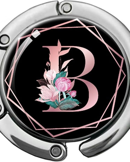 Pink Initial Foldable Purse Hook, Flower Letter Handbag Hanger, Women's Bag Hanger Hook, Round Purse Table Hook, Funny Desk Hook Gift for Family Colleague Friend Office Worker (Flower B)