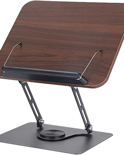 Book Stand for Reading, Wood Reading Rack with 360 Degree Rotating Base Page Clip Adjustable Height Book Holder Foldable Laptop Holder for Reader Office Kitchen School Tablet