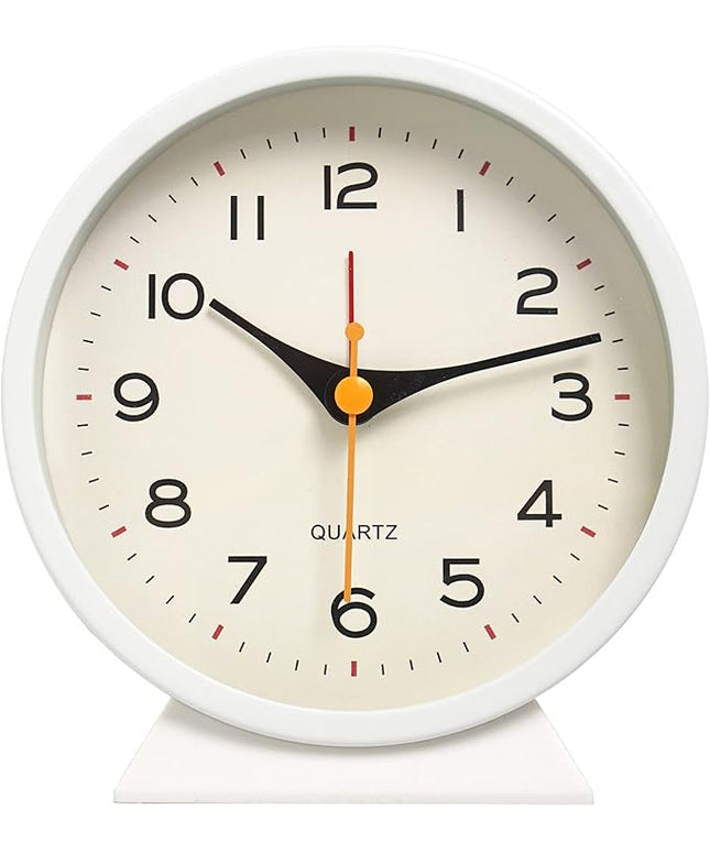 SHISEDECO 4.5" Battery Operated Antique Retro Analog Alarm Clock, Small Silent Bedside Deskclock with Light Function, Non-Ticking Tableclock Decor for Living Room, Bedroom, Bedside, Shelf (White)
